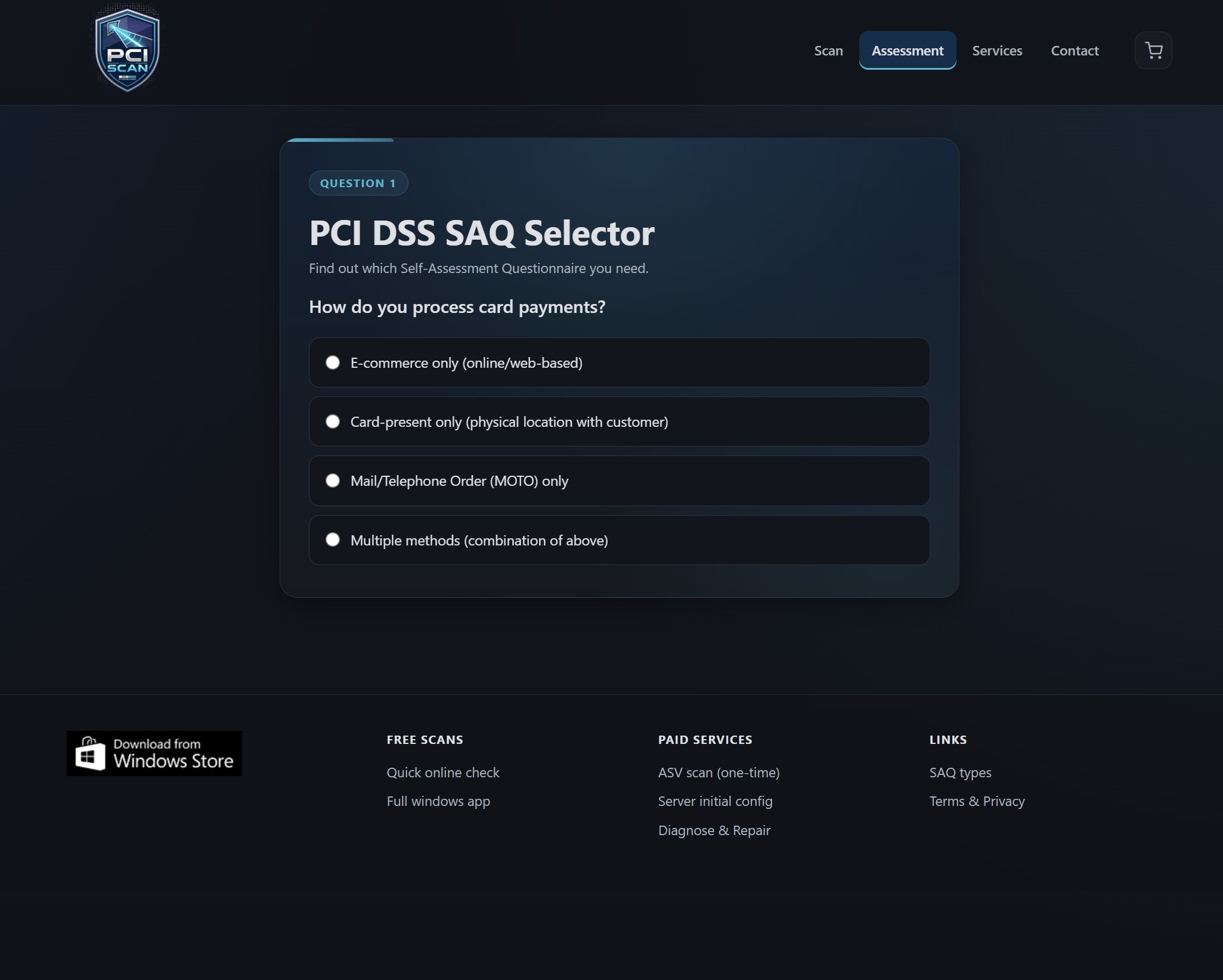 Preview of the PCIScan SAQ assessment quiz